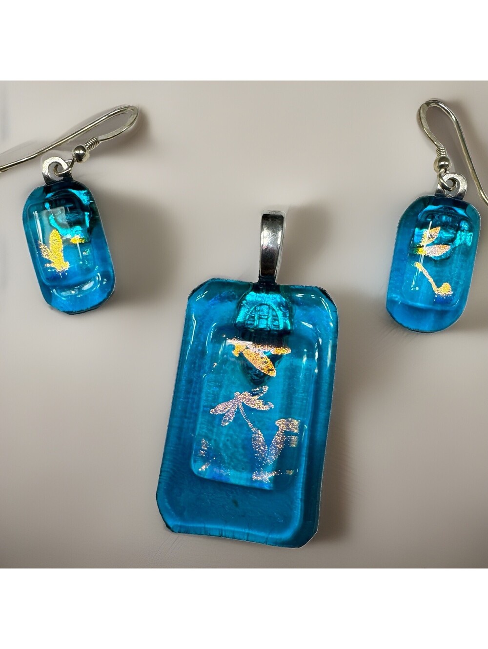 Vintage  blue resin pendant with Earrings, embedded Iridescent flakes [COPY]